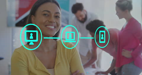 Smiling Woman with Flowchart Illustrations in Modern Office