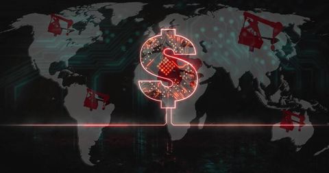 Glowing Dollar Sign with Pump Jacks on World Map