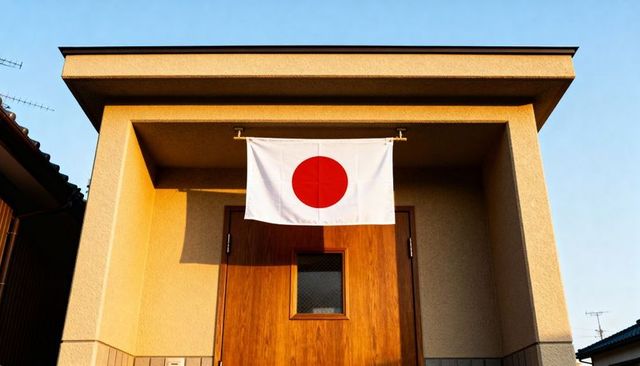 Sunlit japanese flag above wooden door at symmetrical portico - minimal residential facade