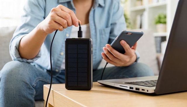 Woman charging smartphone from solar power bank beside laptop on living room coffee table