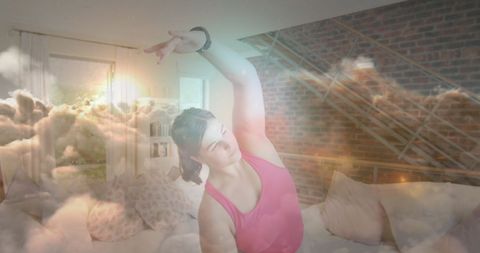 Woman Exercising Indoors With Overlay of Dreamy Clouds and Sunset