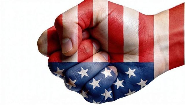 Clenching fist painted with american flag, patriotic hand displaying stars and stripes