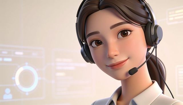 Smiling virtual assistant wearing headset with boom mic and translucent dashboard ui