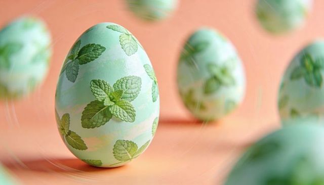Mint-leaf patterned pastel eggs on peach surface with soft bokeh and shallow depth