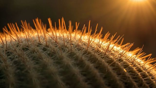 Golden backlit barrel cactus spines at sunset macro close-up with sun flare, desert succulent