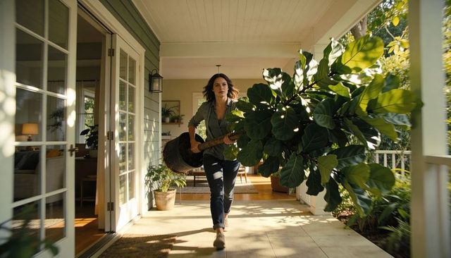 Woman carrying giant fiddle-leaf fig plant across sunny porch and open french doors
