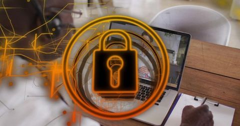 Senior securing remote video meeting with headset and notepad, cybersecurity protection