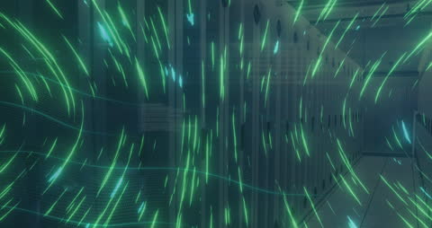 Glowing Green Light Trails in Advanced Server Room