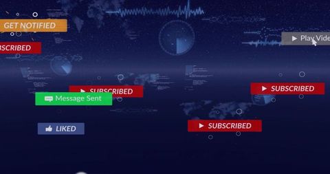 Futuristic digital notifications overlaying world map ui subscribed liked message sent