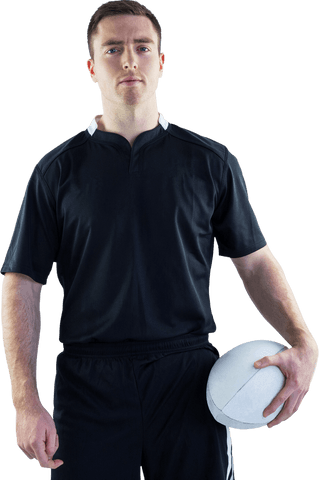 Transparent Portrait of Rugby Player Holding Ball in Black Jersey