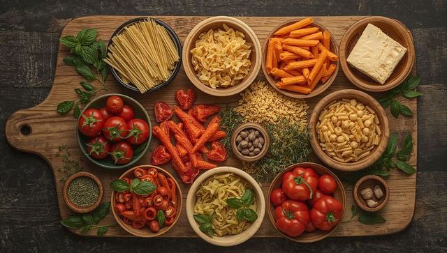 Displaying assorted dry pasta, fresh tomatoes and cheese on rustic wooden cutting board