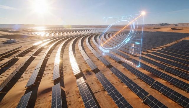 Curved solar farm in desert reflecting low sun with futuristic holographic energy hud