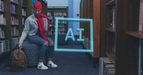 Young woman in red headscarf using phone in library with glowing ai interface
