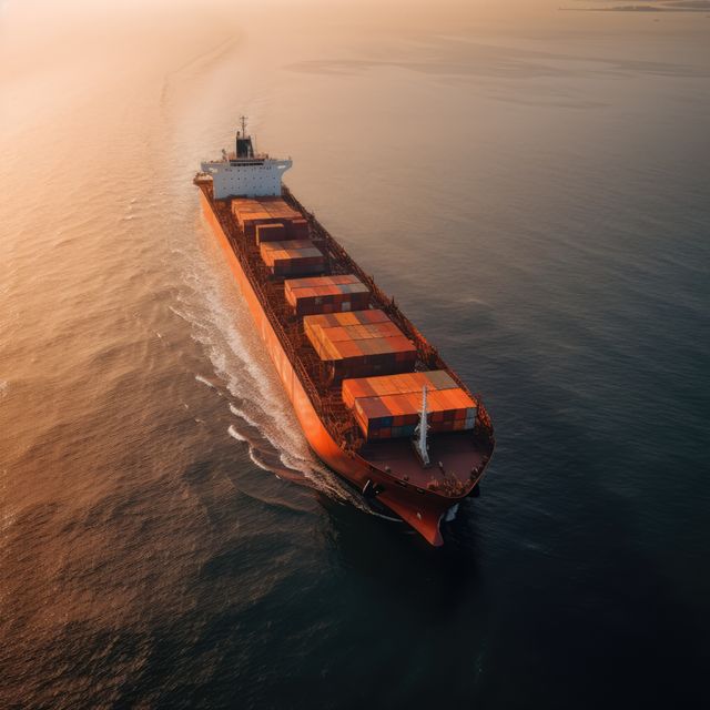 Cargo ship carrying containers on open sea during sunset. Perfect for themes on global trade, maritime transport, logistics, shipping industry, commerce, and international freight.