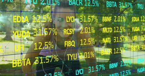 Woman Athlete with Intriguing Stock Ticker Overlay in Park