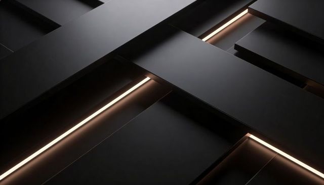 Dark layered geometric panels with warm led seams and metal edges, interior minimalism