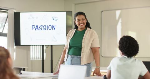 African American teacher leading passionate classroom presentation with students