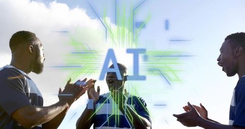 Teammates celebrating with ai overlay on sports field