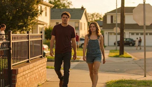 Young couple walking suburban sidewalk at golden hour, casual summer evening stroll