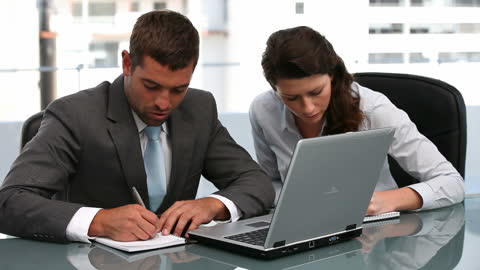 Colleagues Collaborating on Financial Presentation Alignment