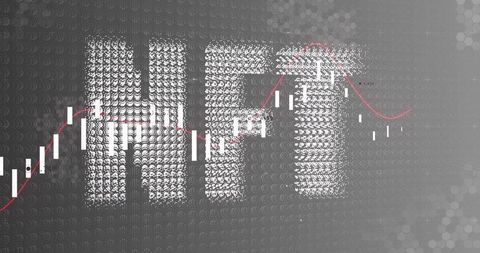 Displaying nft typography with candlestick chart and red trend line in halftone grayscale