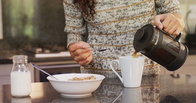 Waking Up with French Press Coffee and Cereal Breakfast - Download Free Stock Images Pikwizard.com