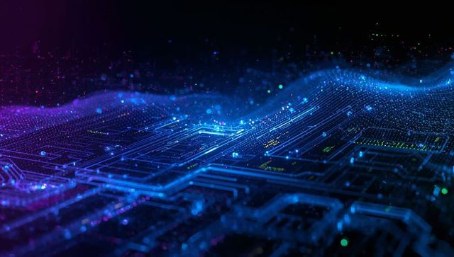 Futuristic Circuit Board with Neon Waves in Digital Space