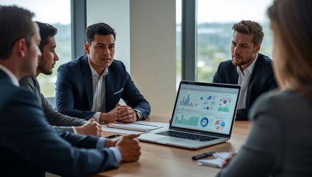 Business team analyzing data and graphs in modern meeting room