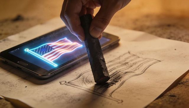 Hand holding charcoal sketching american flag from smartphone reference closeup studio