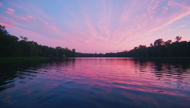 Stunning Pink Sunset Over Serene Lakeside with Forest Reflection