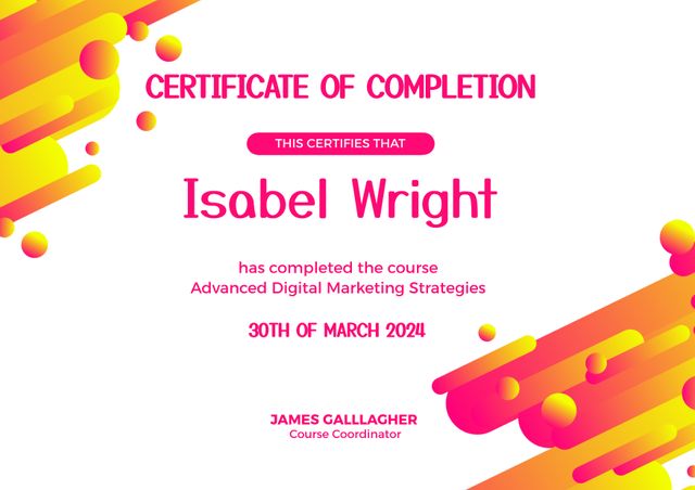 Brightly designed certificate of completion acknowledging achievements in digital marketing. Suitable for educational institutions, online courses, and workshops. Ideal for celebrating participant successes in a visually engaging manner.