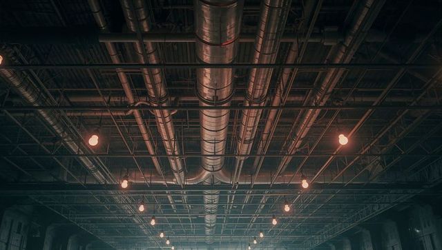 Industrial factory ceiling with complex duct system