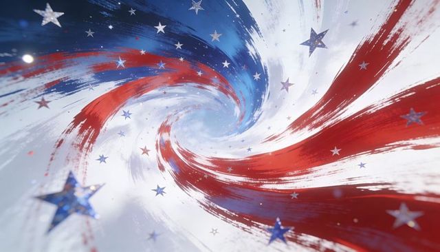 Swirling patriotic brush vortex with red blue paint trails and metallic stars