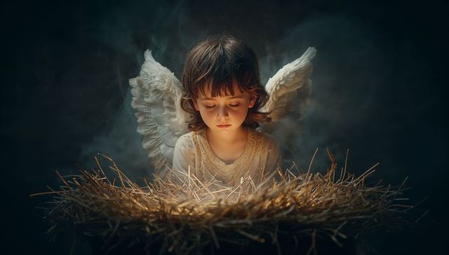 Dreamlike child angel with divine light and straw nest