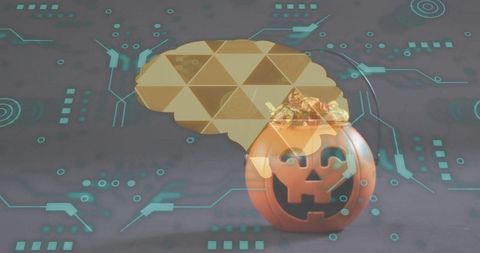 Futuristic Jack-o'-Lantern Candy Bowl Blending Neural Brain Motif and Geometric HUD