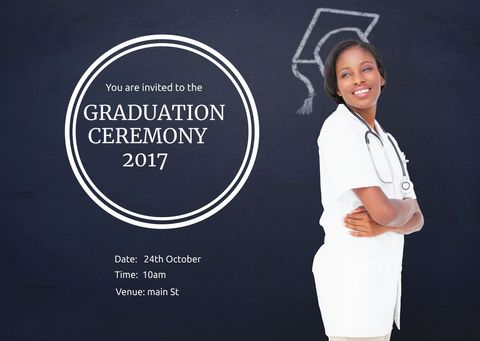 Confident graduate with medical attire on educational invitation