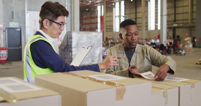 Warehouse Workers Managing Inventory With Clipboard and Labels - Download Free Stock Images Pikwizard.com