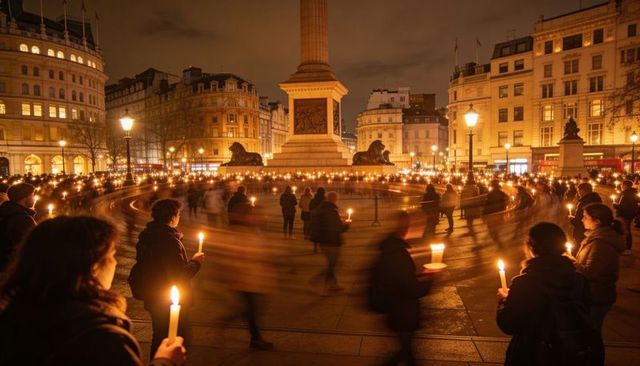 Holding candles circling nelson's column night vigil in trafalgar square unity remembrance