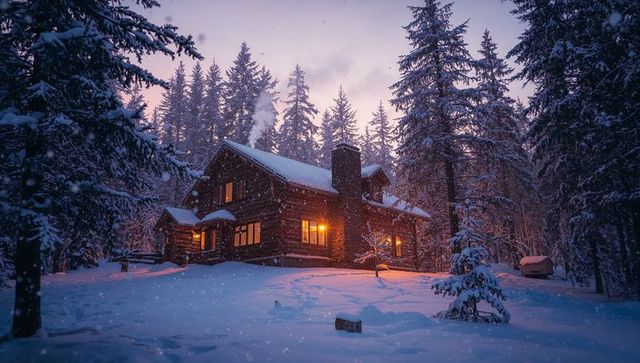 Glowing log cabin nestling in snowy forest at twilight with chimney smoke and warm glowing windows