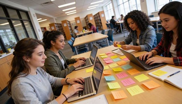 College Students Collaborating with Laptops and Colorful Sticky Notes in Library
