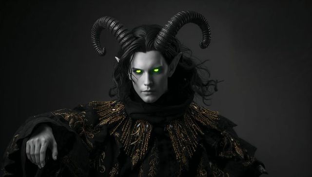 Mysterious Gothic Figure with Glowing Eyes and Horns