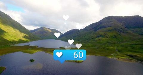 Like notification floating over tranquil mountain lake at sunrise