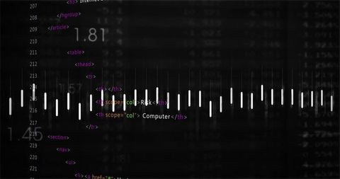 Dark Tech Waveform Dashboard Overlaying Code Snippets and Financial Metrics Visualization