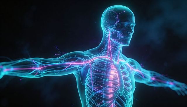 Glowing translucent human anatomy displaying neon vascular and neural pathways