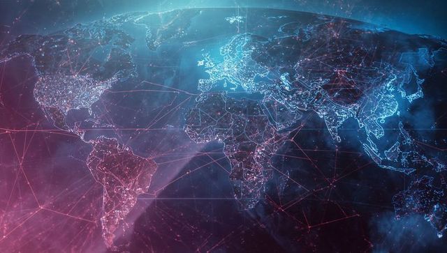 Global cyber network map showing neon city nodes and interconnected data routes