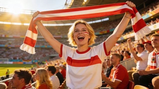 Cheering female fan raising red-and-white scarf in sunlit stadium crowd