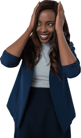 Transparent Smiling Businesswoman With Hands on Head