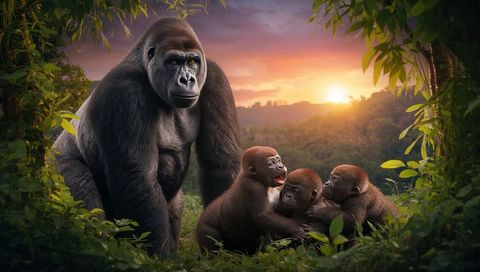 Adult gorilla standing and guarding three playful infants at sunset in rainforest clearing