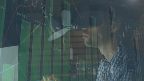 Man Using VR Headset with Virtual Financial Data Overlay