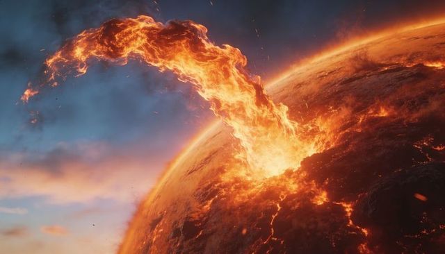 Molten plume erupting from rocky planet horizon with flowing lava and glowing embers